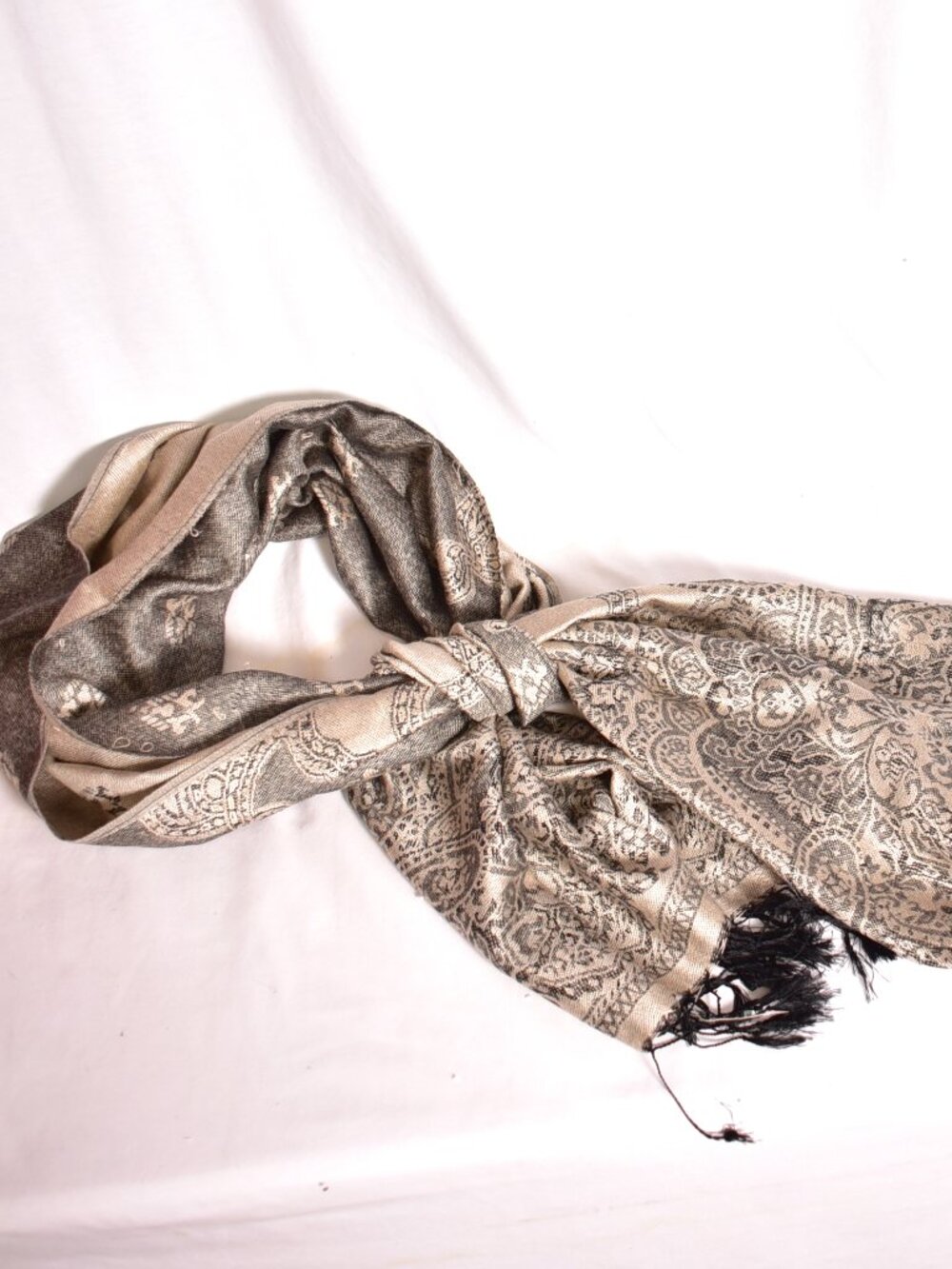 Women's Tan and Black Large Scarf With Fringe